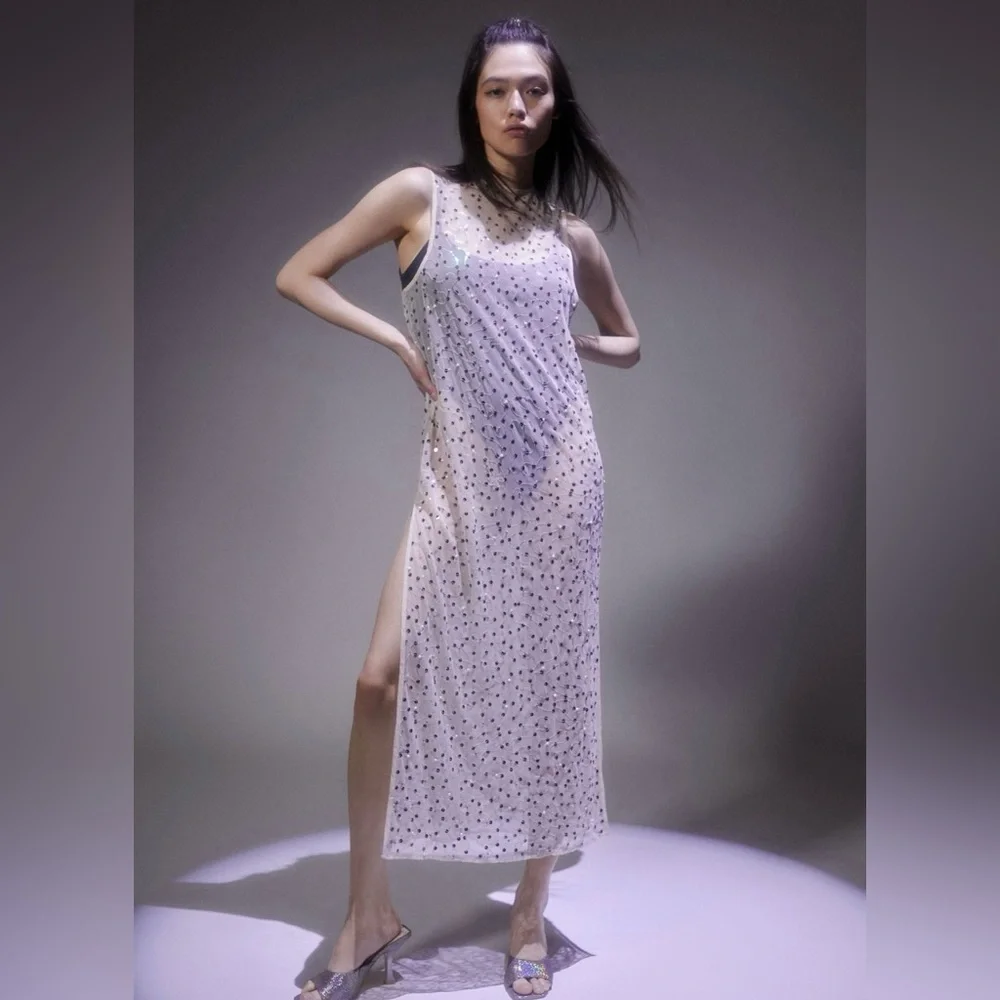 Urban‎ Outfitters Hunter Sheer Sequin Beaded High Leg Slit Midi Dress Size Small